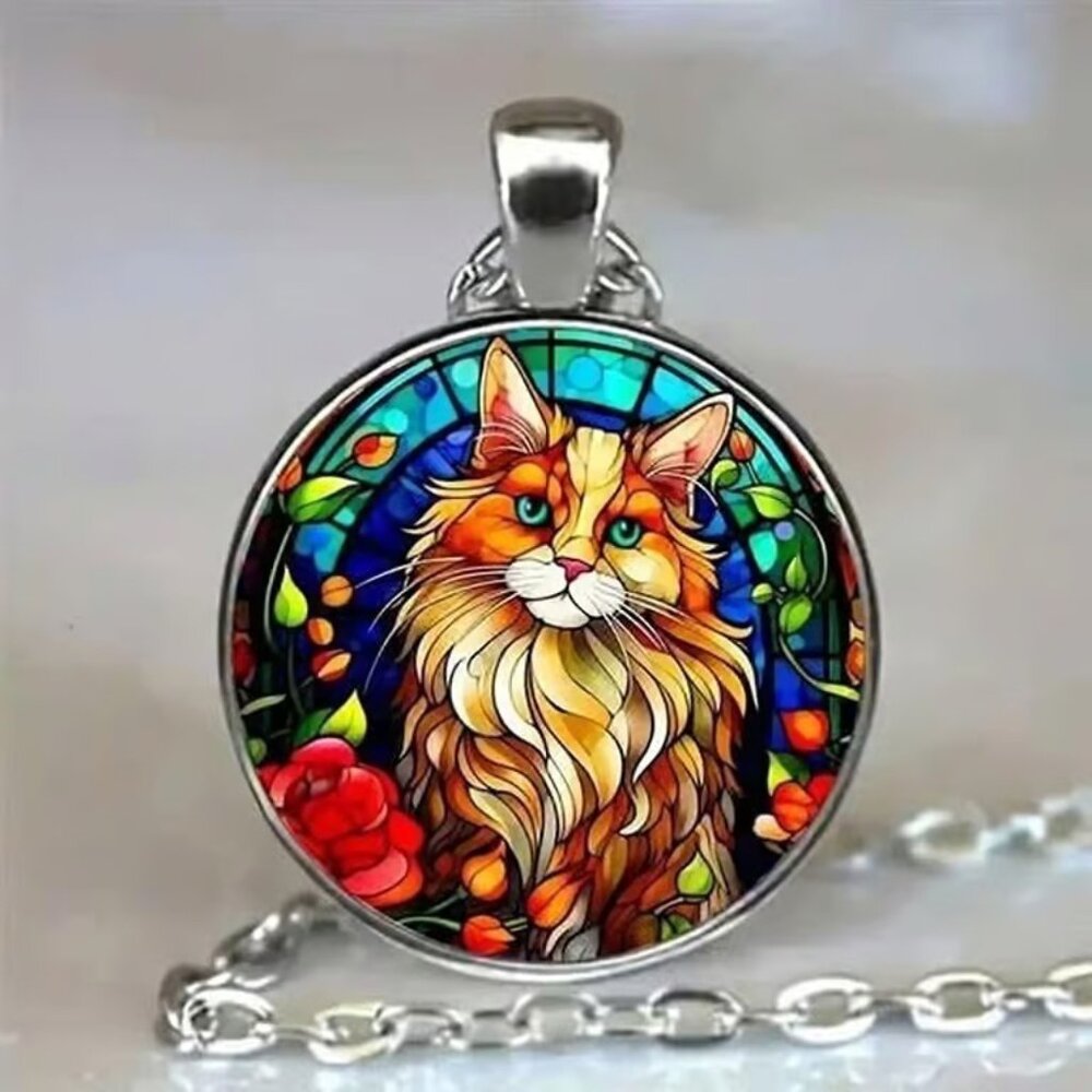 Silver Colorful KITTY CAT Glass Cabochon Pendant Necklace